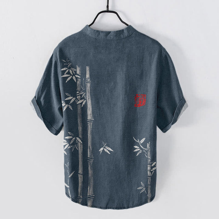 Buddha Stones Camisa de manga corta con medio botón para hombre, con estampado de bambú y tinta de algodón. - image 6
