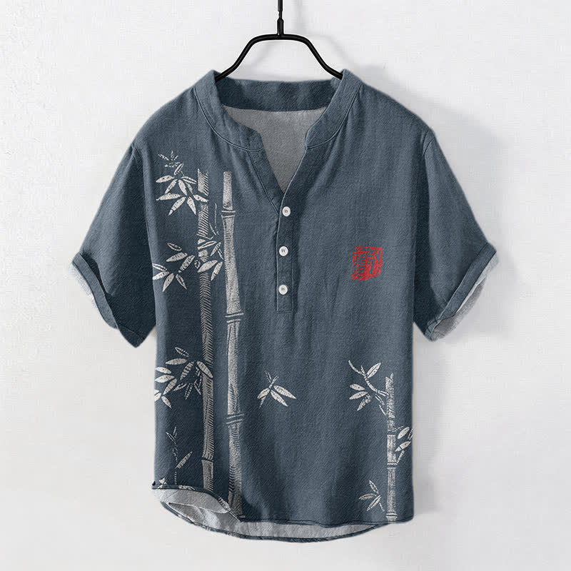 Buddha Stones Camisa de manga corta con medio botón para hombre, con estampado de bambú y tinta de algodón. - Azul acero - US/UK/AU50, EU60 (5XL) - image 5