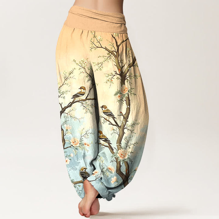 Buddha Stones Pantalones harem de algodón con estampado de flores orientales, pájaros y ramas para mujer, con cintura elástica. - image 7