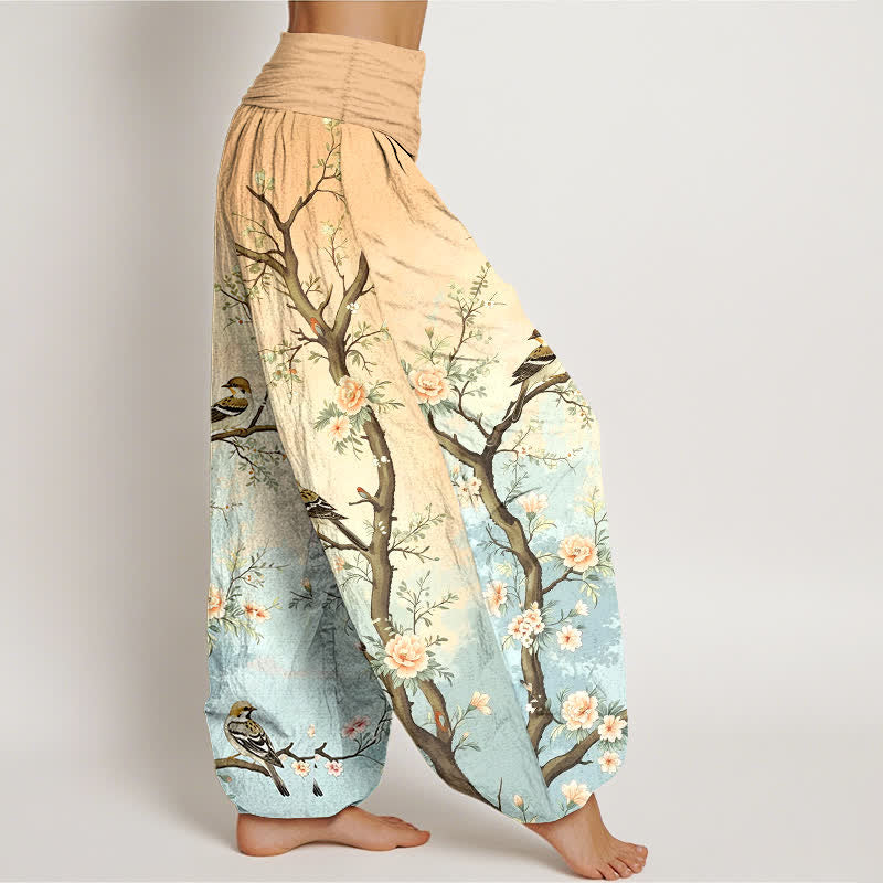 Buddha Stones Pantalones harem de algodón con estampado de flores orientales, pájaros y ramas para mujer, con cintura elástica. - image 6
