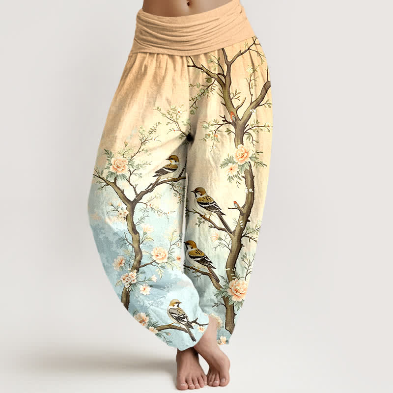 Buddha Stones Pantalones harem de algodón con estampado de flores orientales, pájaros y ramas para mujer, con cintura elástica. - Trigo - US16，UK/AU20，EU48 (3XL) - image 5