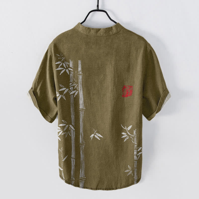 Buddha Stones Camisa de manga corta con medio botón para hombre, con estampado de bambú y tinta de algodón. - image 8
