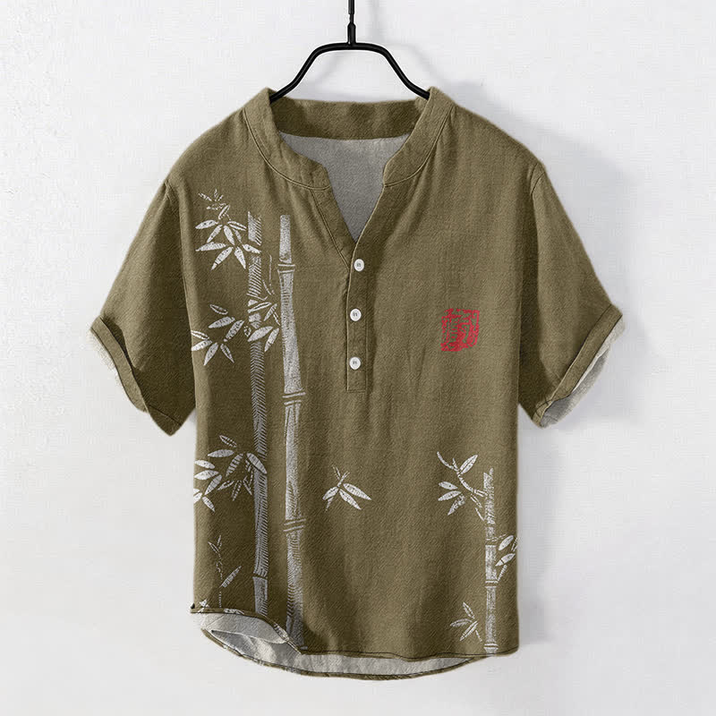 Buddha Stones Camisa de manga corta con medio botón para hombre, con estampado de bambú y tinta de algodón. - Tierra de siena - US/UK/AU50, EU60 (5XL) - image 7