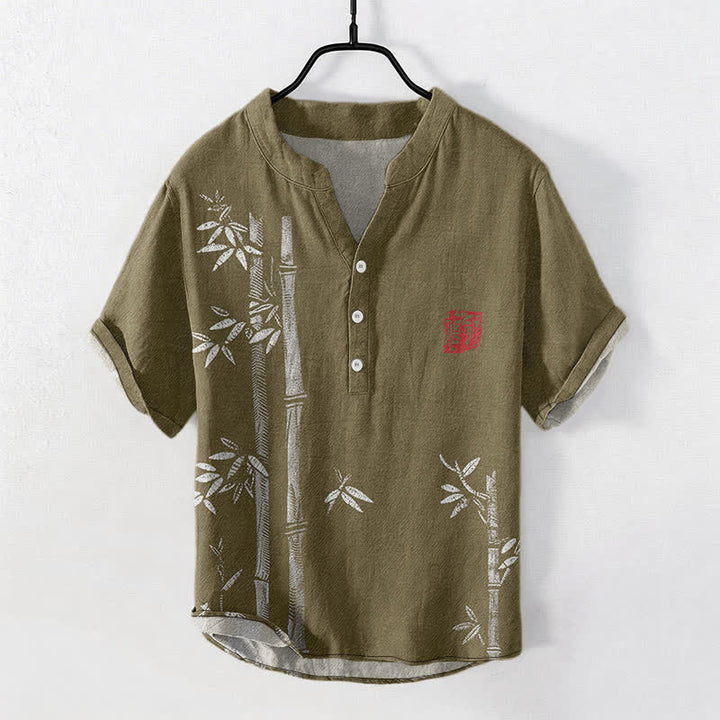 Buddha Stones Camisa de manga corta con medio botón para hombre, con estampado de bambú y tinta de algodón. - Tierra de siena - US/UK/AU50, EU60 (5XL) - image 7