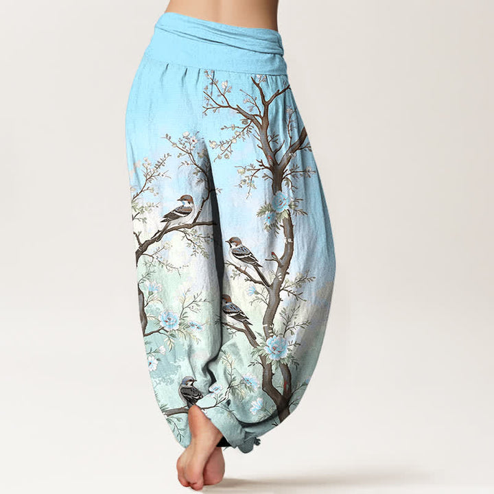 Buddha Stones Pantalones harem de algodón con estampado de flores orientales, pájaros y ramas para mujer, con cintura elástica. - image 10