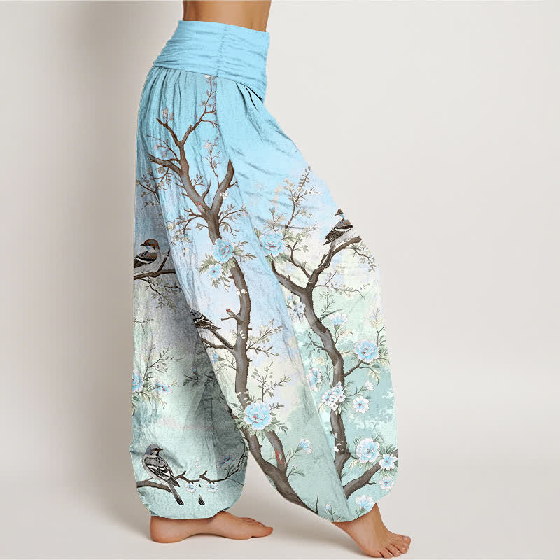 Buddha Stones Pantalones harem de algodón con estampado de flores orientales, pájaros y ramas para mujer, con cintura elástica. - image 9