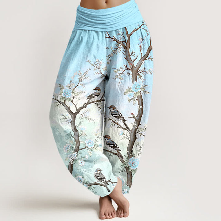 Buddha Stones Pantalones harem de algodón con estampado de flores orientales, pájaros y ramas para mujer, con cintura elástica. - Cian - US16，UK/AU20，EU48 (3XL) - image 8
