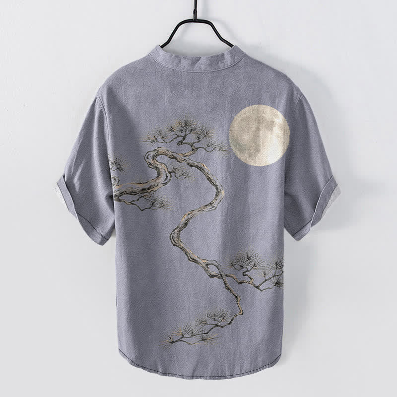 Buddha Stones Camisa de manga corta con medio botón para hombre, modelo Cotton Ink Moon Pine. - image 1