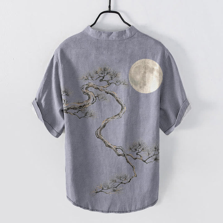 Buddha Stones Camisa de manga corta con medio botón para hombre, modelo Cotton Ink Moon Pine. - image 1