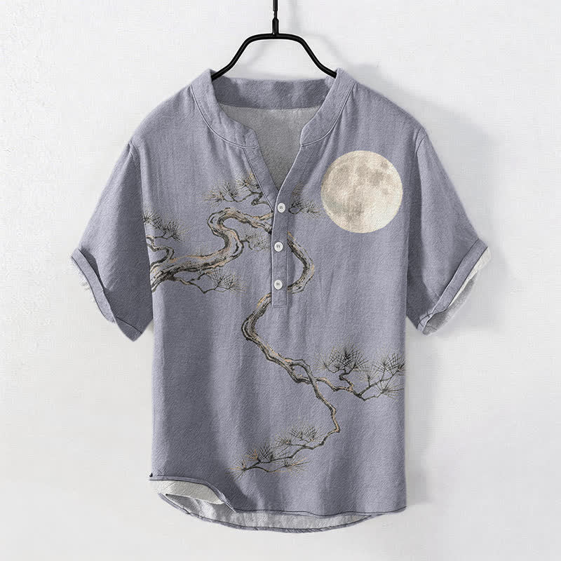 Buddha Stones Camisa de manga corta con medio botón para hombre, modelo Cotton Ink Moon Pine. - Azul acero claro - US/UK/AU50, EU60 (5XL) - image 0