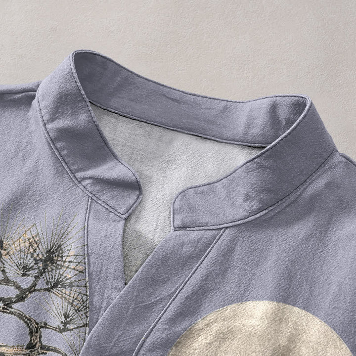 Buddha Stones Camisa de manga corta con medio botón para hombre, modelo Cotton Ink Moon Pine. - image 2