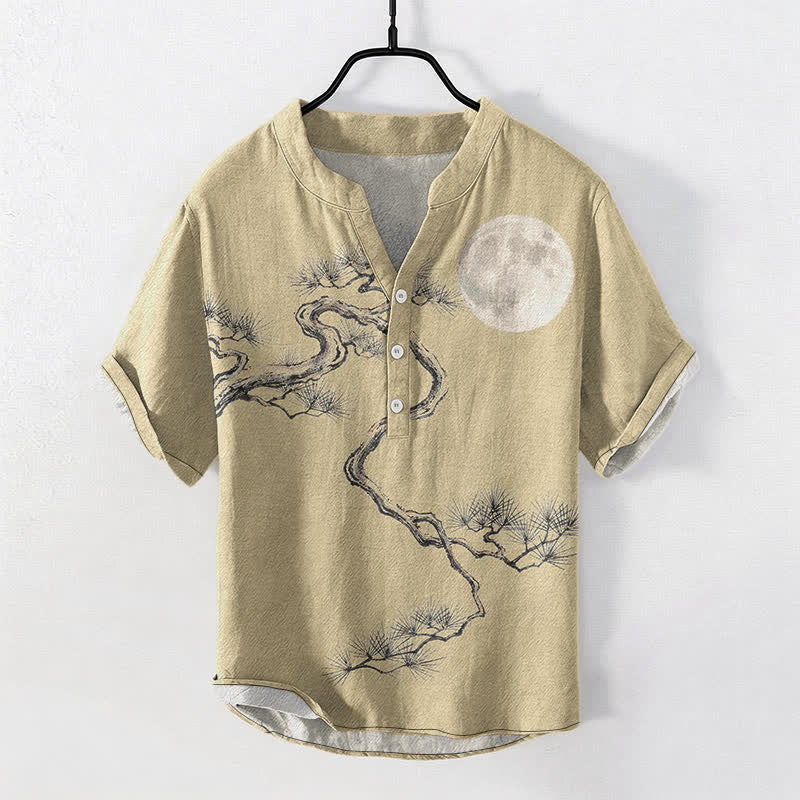 Buddha Stones Camisa de manga corta con medio botón para hombre, modelo Cotton Ink Moon Pine. - Caqui - US/UK/AU50, EU60 (5XL) - image 5