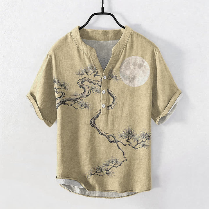Buddha Stones Camisa de manga corta con medio botón para hombre, modelo Cotton Ink Moon Pine. - Caqui - US/UK/AU50, EU60 (5XL) - image 5