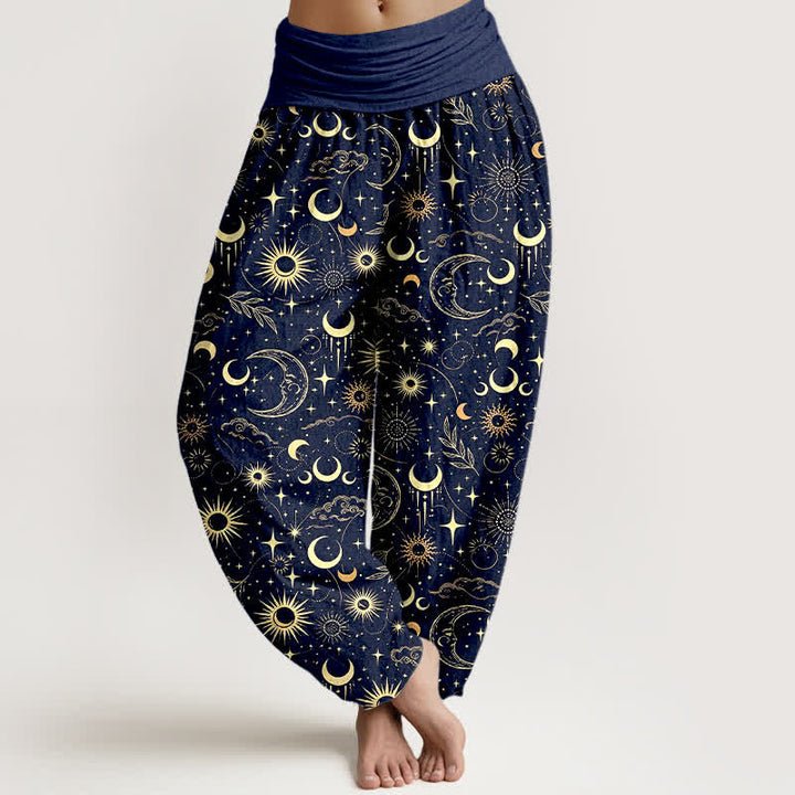 Buddha Stones Pantalones harem de mujer con cintura elástica y estampado de luna, sol y estrellas de algodón. - Marina de guerra - US16，UK/AU20，EU48 (3XL) - image 0