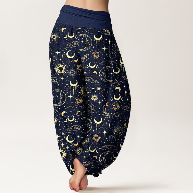 Buddha Stones Pantalones harem de mujer con cintura elástica y estampado de luna, sol y estrellas de algodón. - image 2