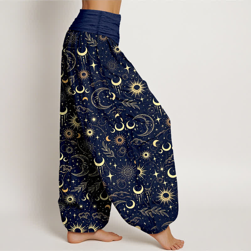 Buddha Stones Pantalones harem de mujer con cintura elástica y estampado de luna, sol y estrellas de algodón. - image 1