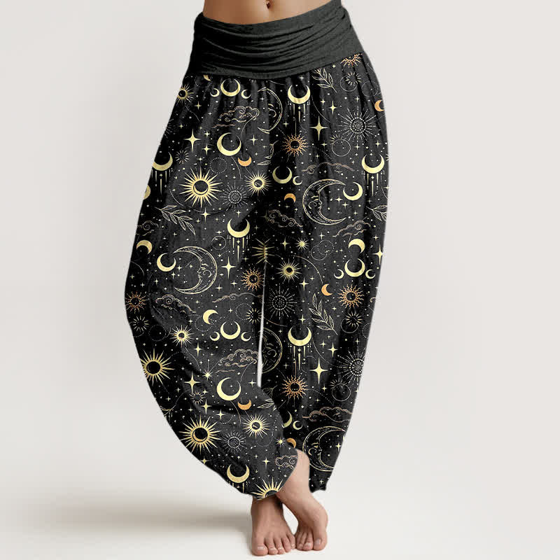Buddha Stones Pantalones harem de mujer con cintura elástica y estampado de luna, sol y estrellas de algodón. - Negro - US16，UK/AU20，EU48 (3XL) - image 5