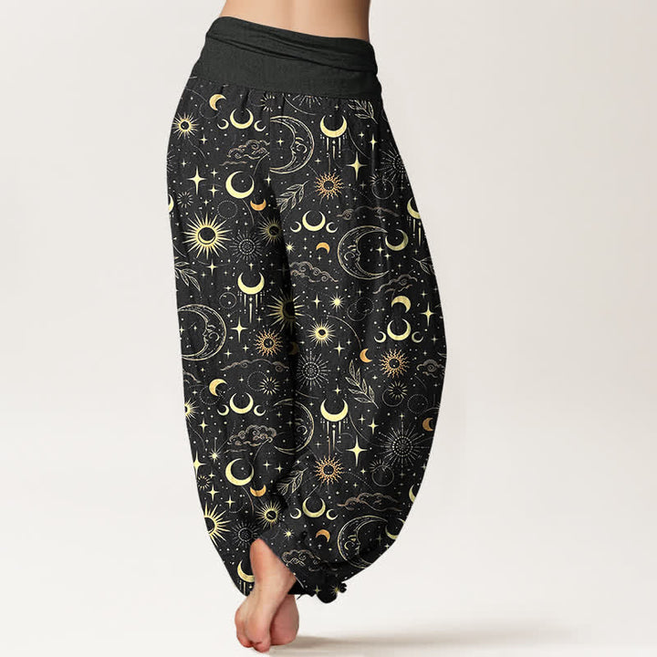 Buddha Stones Pantalones harem de mujer con cintura elástica y estampado de luna, sol y estrellas de algodón. - image 7