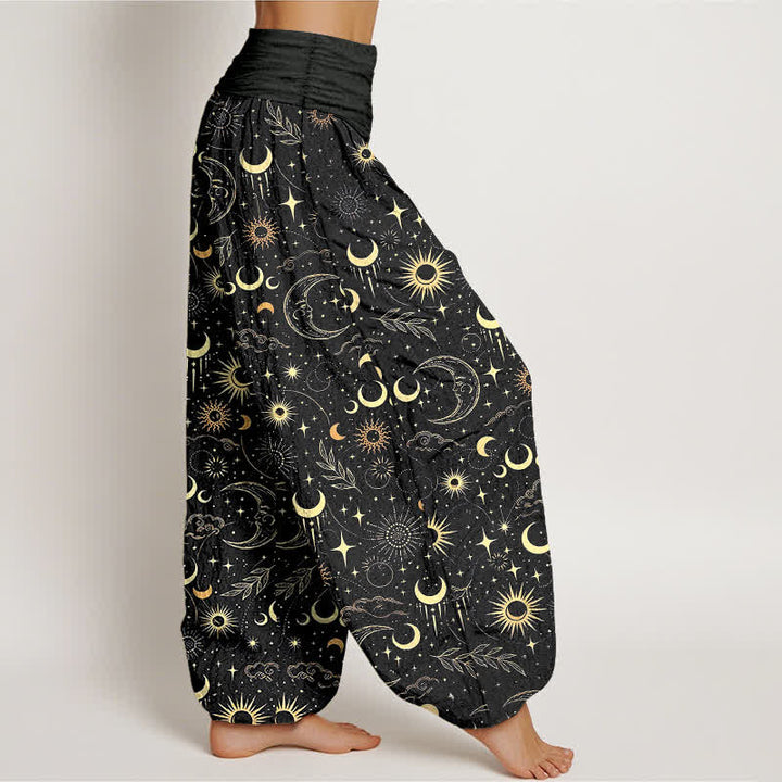 Buddha Stones Pantalones harem de mujer con cintura elástica y estampado de luna, sol y estrellas de algodón. - image 6