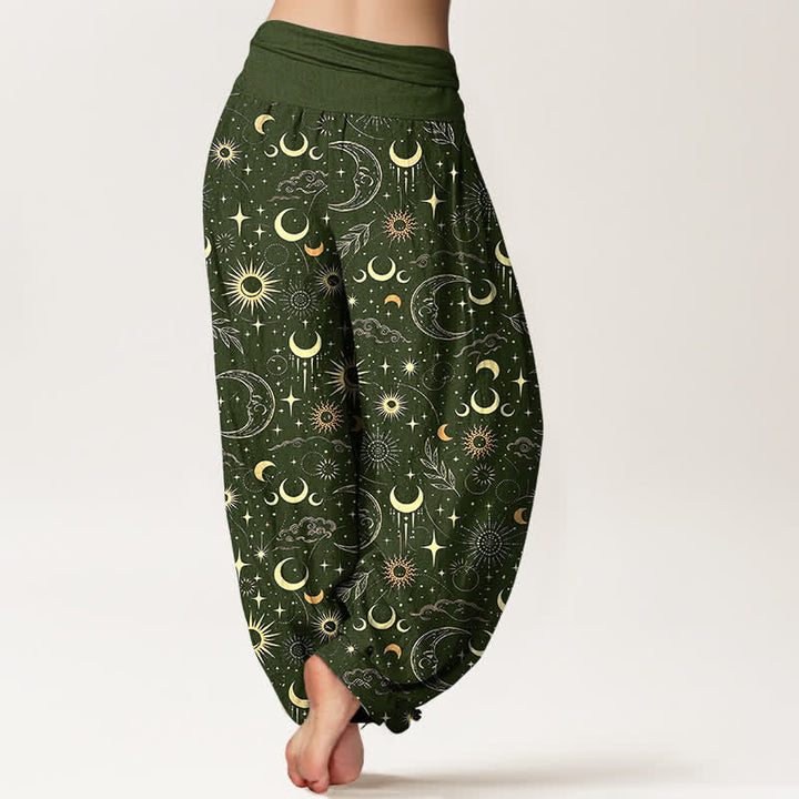 Buddha Stones Pantalones harem de mujer con cintura elástica y estampado de luna, sol y estrellas de algodón. - image 10