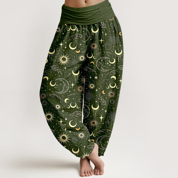 Buddha Stones Pantalones harem de mujer con cintura elástica y estampado de luna, sol y estrellas de algodón. - Verde oliva oscuro - US16，UK/AU20，EU48 (3XL) - image 8