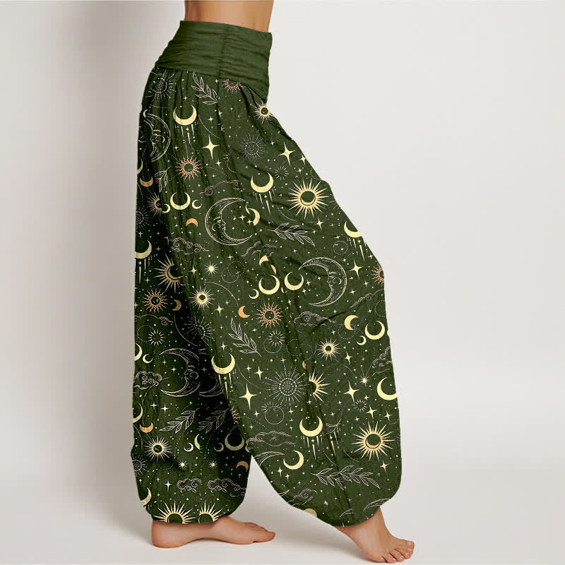 Buddha Stones Pantalones harem de mujer con cintura elástica y estampado de luna, sol y estrellas de algodón. - image 9