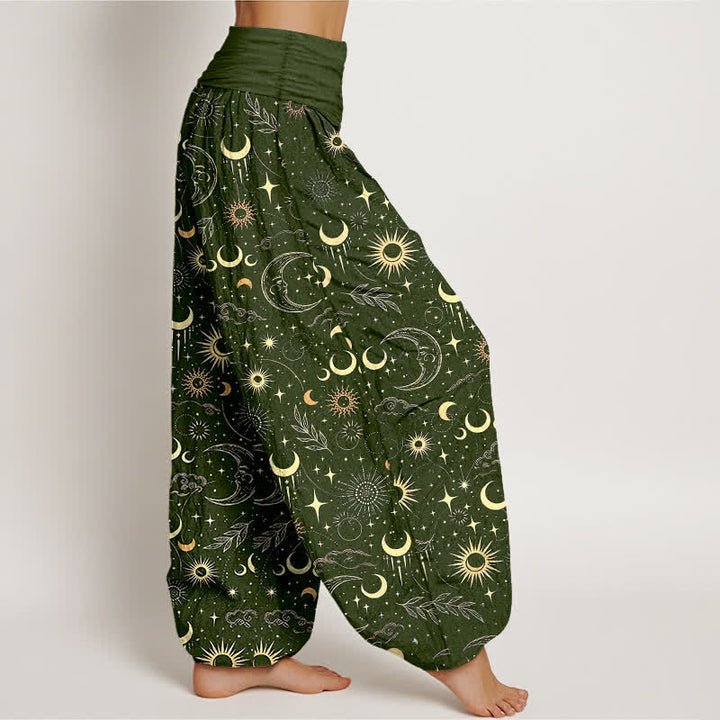 Buddha Stones Pantalones harem de mujer con cintura elástica y estampado de luna, sol y estrellas de algodón. - image 9
