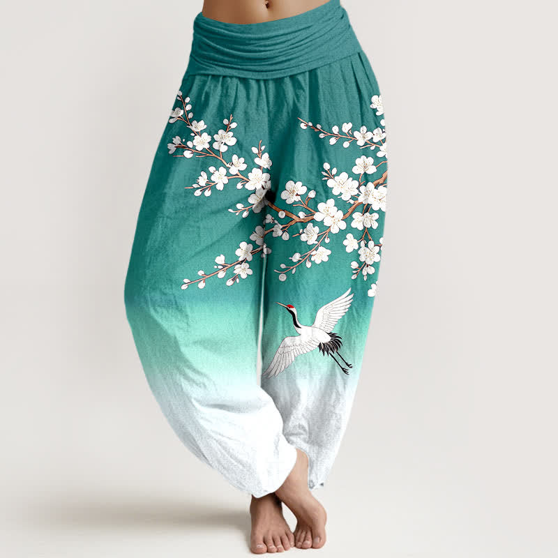 Buddha Stones Pantalones harem de mujer con cintura elástica y estampado de grullas y flores de ciruelo en color blanco algodón. - Verde mar claro - US16，UK/AU20，EU48 (3XL) - image 5