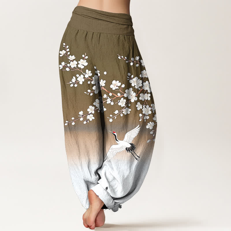 Buddha Stones Pantalones harem de mujer con cintura elástica y estampado de grullas y flores de ciruelo en color blanco algodón. - image 10