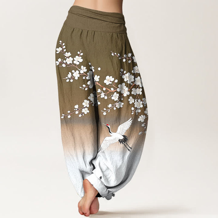 Buddha Stones Pantalones harem de mujer con cintura elástica y estampado de grullas y flores de ciruelo en color blanco algodón. - image 10