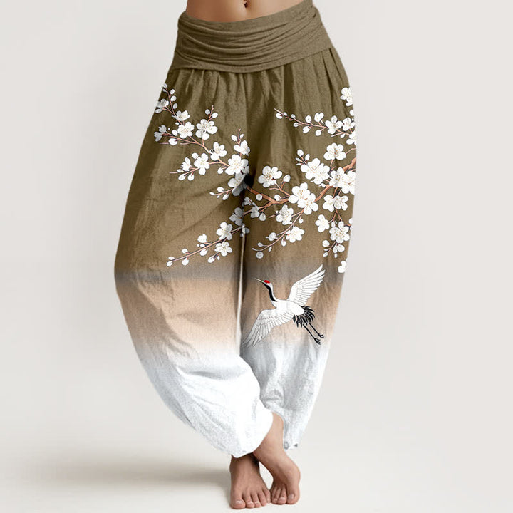 Buddha Stones Pantalones harem de mujer con cintura elástica y estampado de grullas y flores de ciruelo en color blanco algodón. - Aceituna - US16，UK/AU20，EU48 (3XL) - image 8
