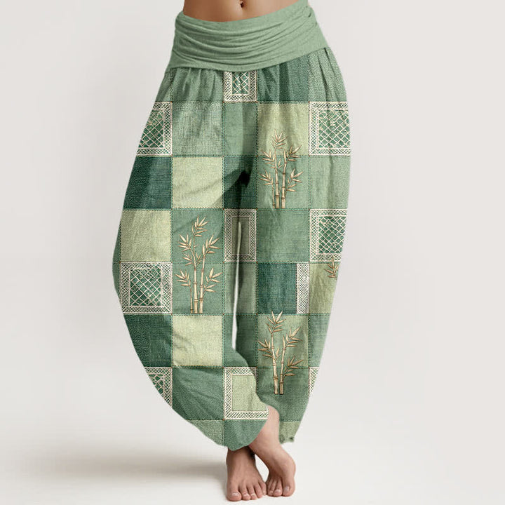Buddha Stones Pantalones harem de mujer con cintura elástica y estampado patchwork de algodón y bambú - Verde claro - US16，UK/AU20，EU48 (3XL) - image 0