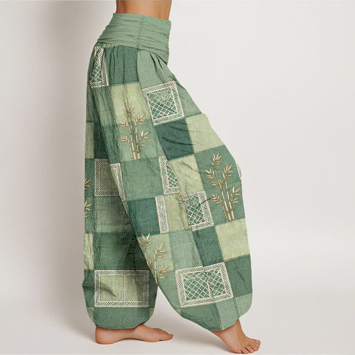 Buddha Stones Pantalones harem de mujer con cintura elástica y estampado patchwork de algodón y bambú - image 1