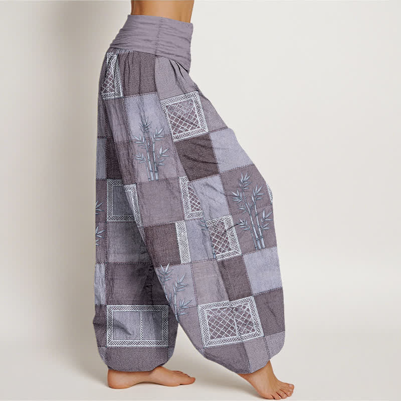 Buddha Stones Pantalones harem de mujer con cintura elástica y estampado patchwork de algodón y bambú - image 6