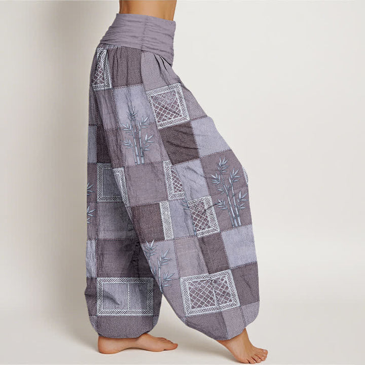 Buddha Stones Pantalones harem de mujer con cintura elástica y estampado patchwork de algodón y bambú - image 6