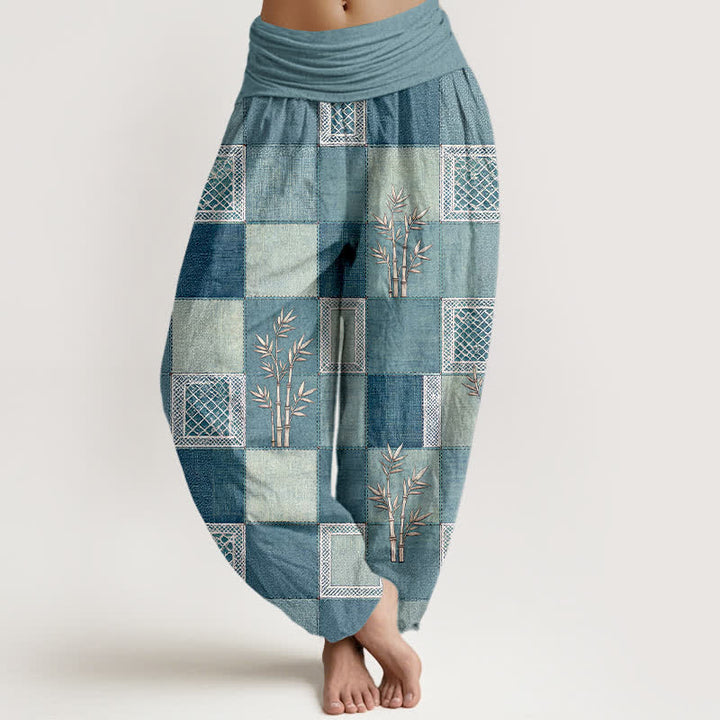 Buddha Stones Pantalones harem de mujer con cintura elástica y estampado patchwork de algodón y bambú - Azul claro - US16，UK/AU20，EU48 (3XL) - image 8