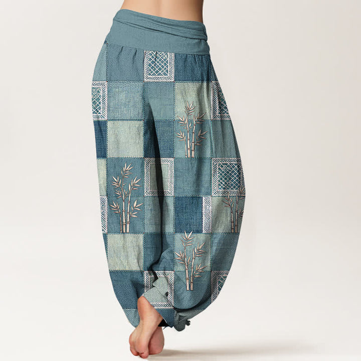 Buddha Stones Pantalones harem de mujer con cintura elástica y estampado patchwork de algodón y bambú - image 10