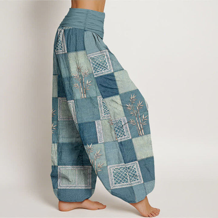 Buddha Stones Pantalones harem de mujer con cintura elástica y estampado patchwork de algodón y bambú - image 9