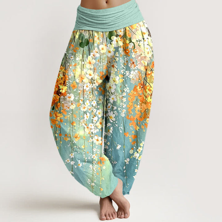 Buddha Stones Pantalones harem de algodón con estampado de cascada de flores silvestres para mujer con cintura elástica. - Turquesa - US16，UK/AU20，EU48 (3XL) - image 0