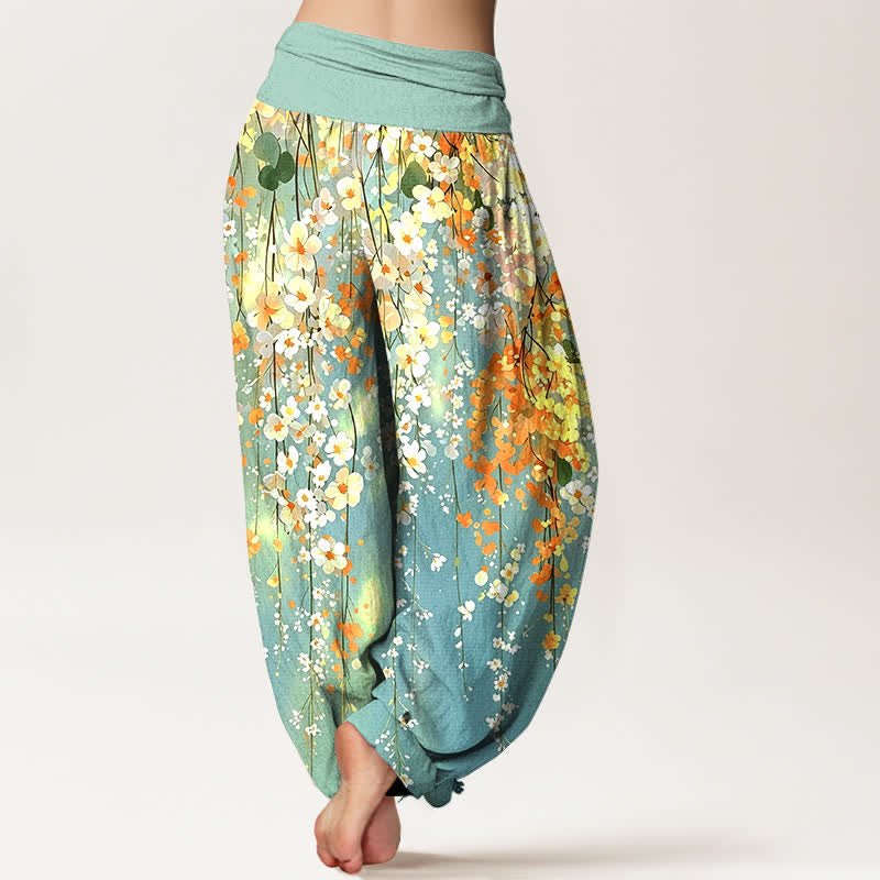 Buddha Stones Pantalones harem de algodón con estampado de cascada de flores silvestres para mujer con cintura elástica. - image 2