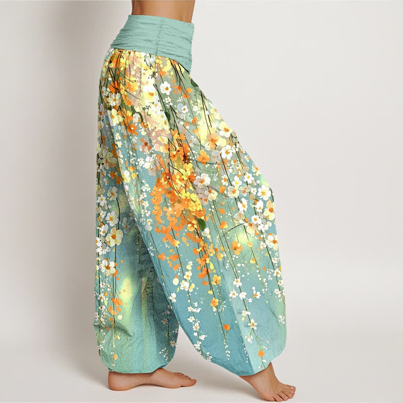 Buddha Stones Pantalones harem de algodón con estampado de cascada de flores silvestres para mujer con cintura elástica. - image 1
