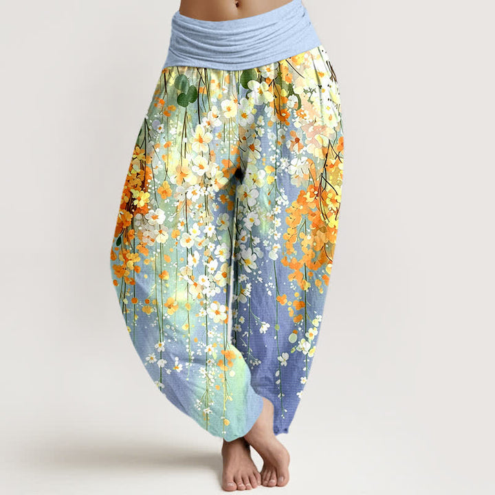 Buddha Stones Pantalones harem de algodón con estampado de cascada de flores silvestres para mujer con cintura elástica. - Azul cielo claro - US16，UK/AU20，EU48 (3XL) - image 5