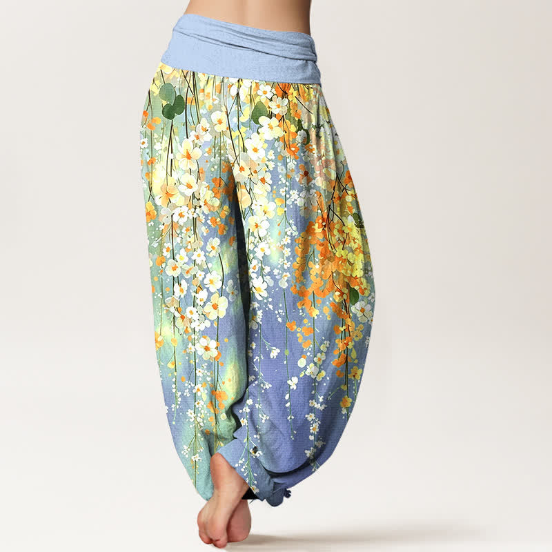Buddha Stones Pantalones harem de algodón con estampado de cascada de flores silvestres para mujer con cintura elástica. - image 7