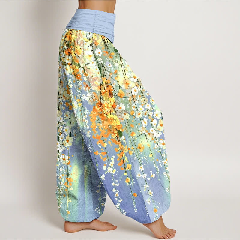 Buddha Stones Pantalones harem de algodón con estampado de cascada de flores silvestres para mujer con cintura elástica. - image 6