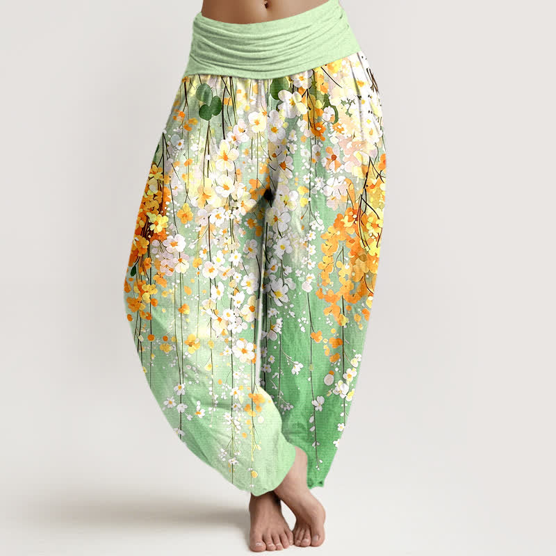 Buddha Stones Pantalones harem de algodón con estampado de cascada de flores silvestres para mujer con cintura elástica. - Verde claro - US16，UK/AU20，EU48 (3XL) - image 8