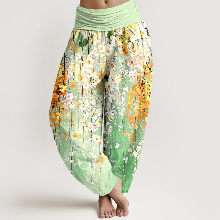 Buddha Stones Pantalones harem de algodón con estampado de cascada de flores silvestres para mujer con cintura elástica. - Verde claro - US16，UK/AU20，EU48 (3XL) - image 8