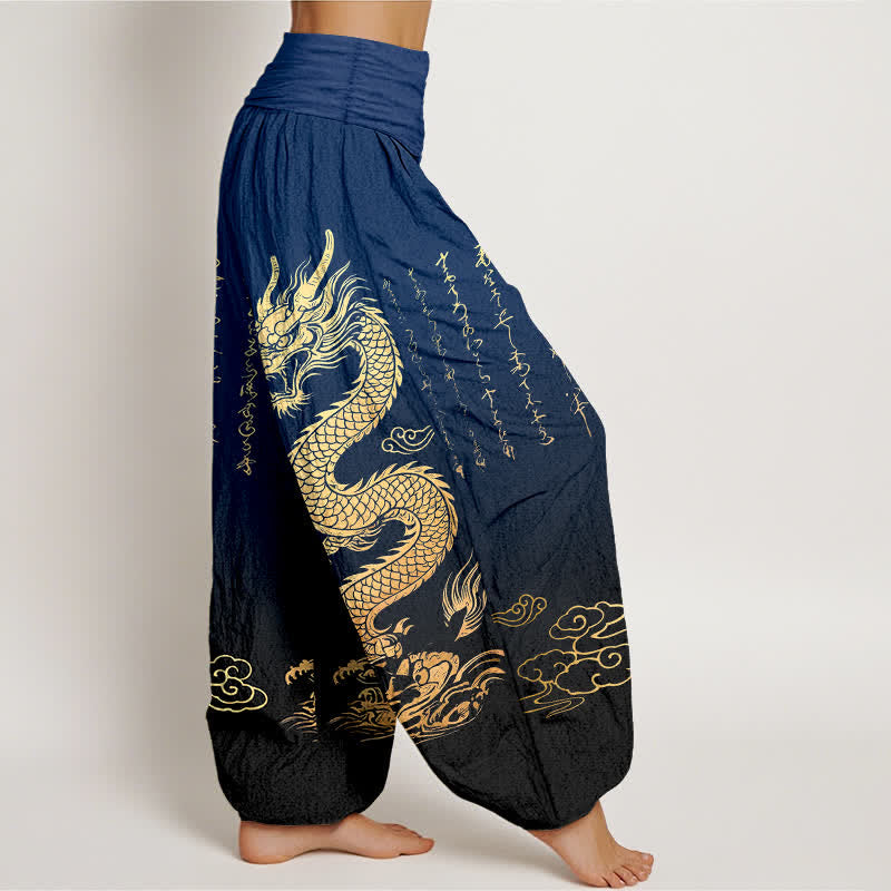 Buddha Stones Pantalones harem de algodón con estampado de nube y dragón dorado para mujer con cintura elástica. - image 1