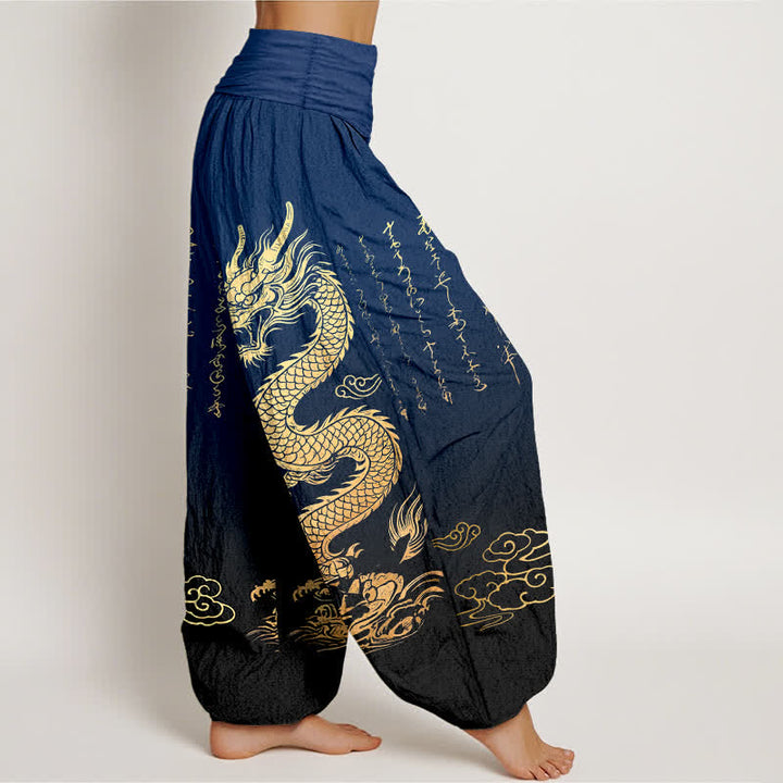 Buddha Stones Pantalones harem de algodón con estampado de nube y dragón dorado para mujer con cintura elástica. - image 1