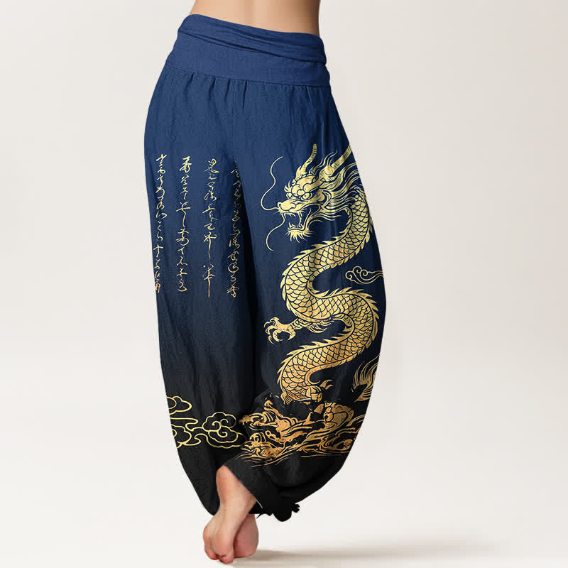 Buddha Stones Pantalones harem de algodón con estampado de nube y dragón dorado para mujer con cintura elástica. - image 2