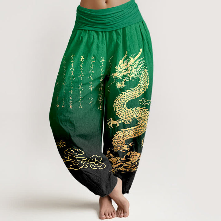Buddha Stones Pantalones harem de algodón con estampado de nube y dragón dorado para mujer con cintura elástica. - Verde - US16，UK/AU20，EU48 (3XL) - image 5